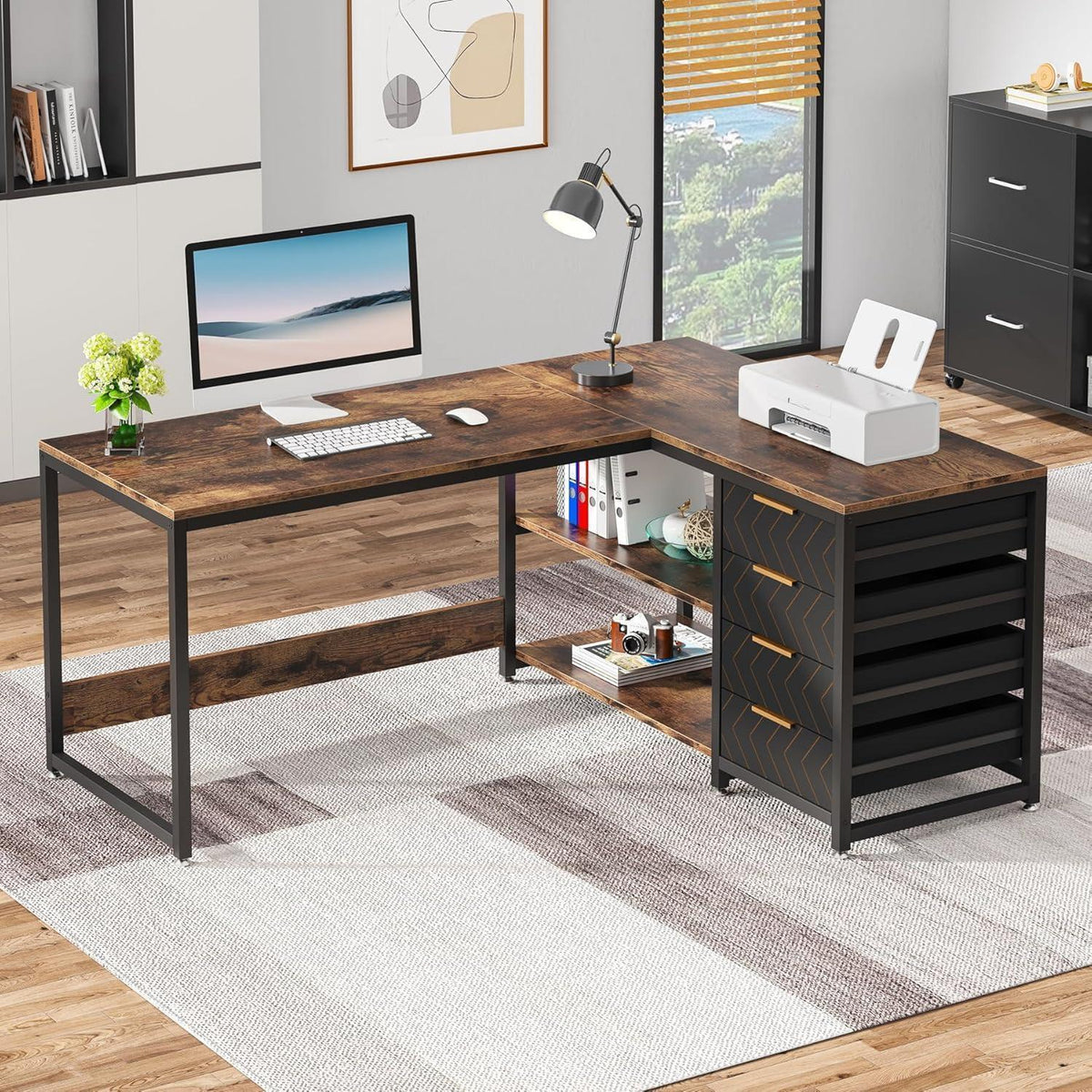L-förmiger Schreibtisch mit Schubladen – Eckschreibtisch für Büro & Home Office