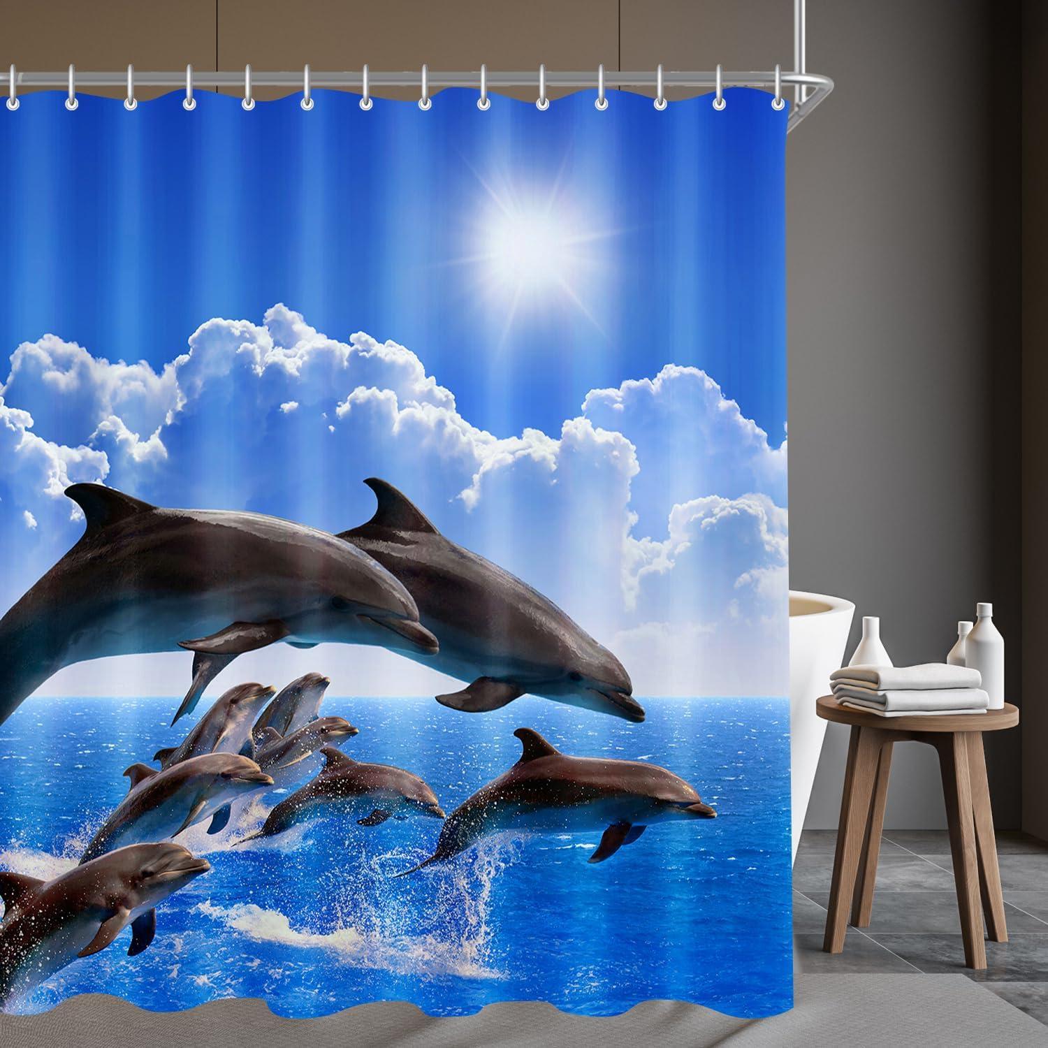 Duschvorhang Delphin 240x180cm Antischimmel Polyester Badevorhang mit Ösen & 16 Ringen