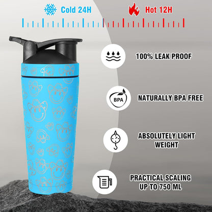 Edelstahl Protein Shaker Thermoflasche 750ml Vakuum Isoliert für Shakes Blau