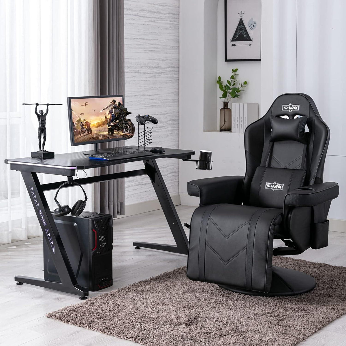 Gaming Stuhl S*MAX mit Fußstütze hoher Rückenlehne Schwarz