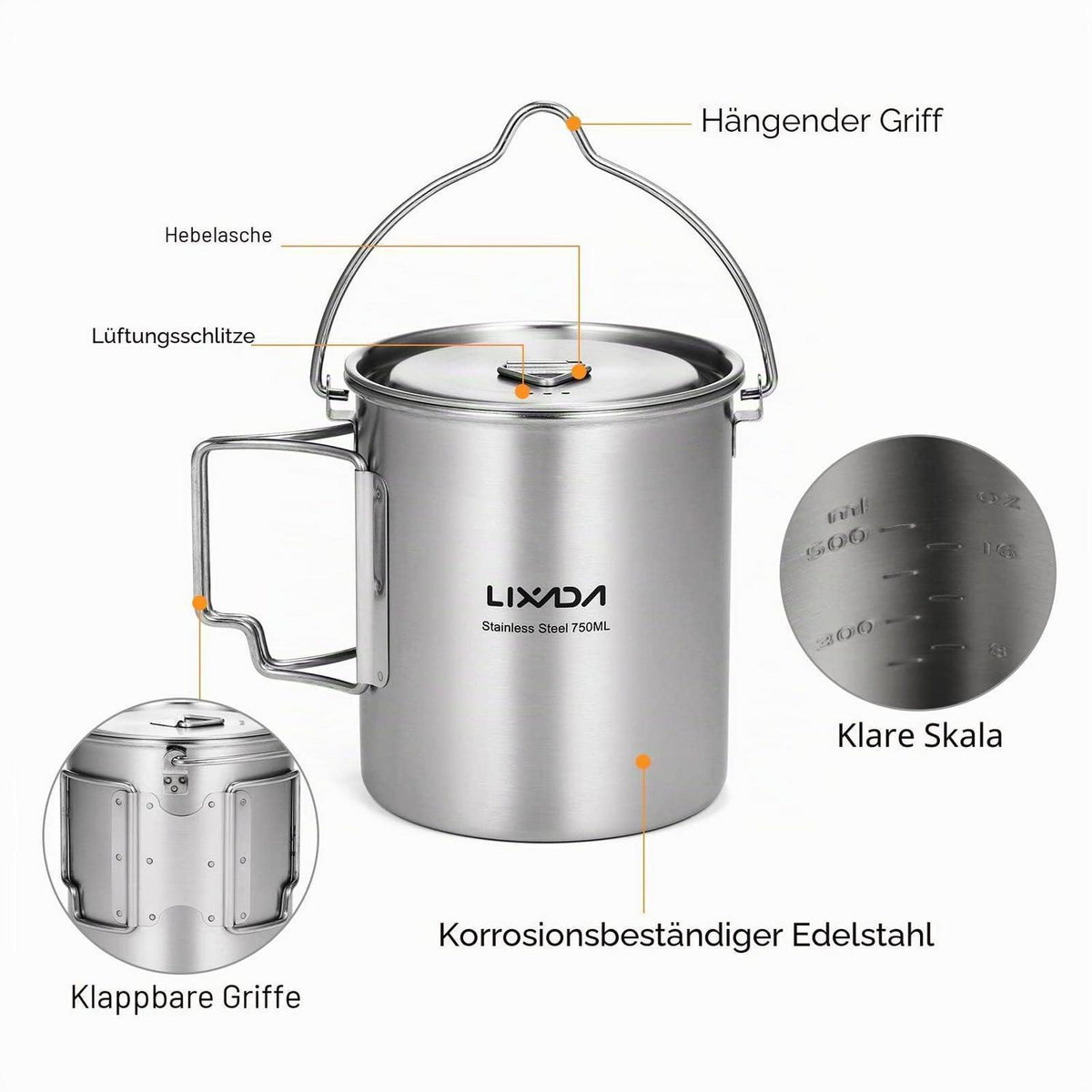 750ml Camping Topf Edelstahl mit Löffel & Deckel