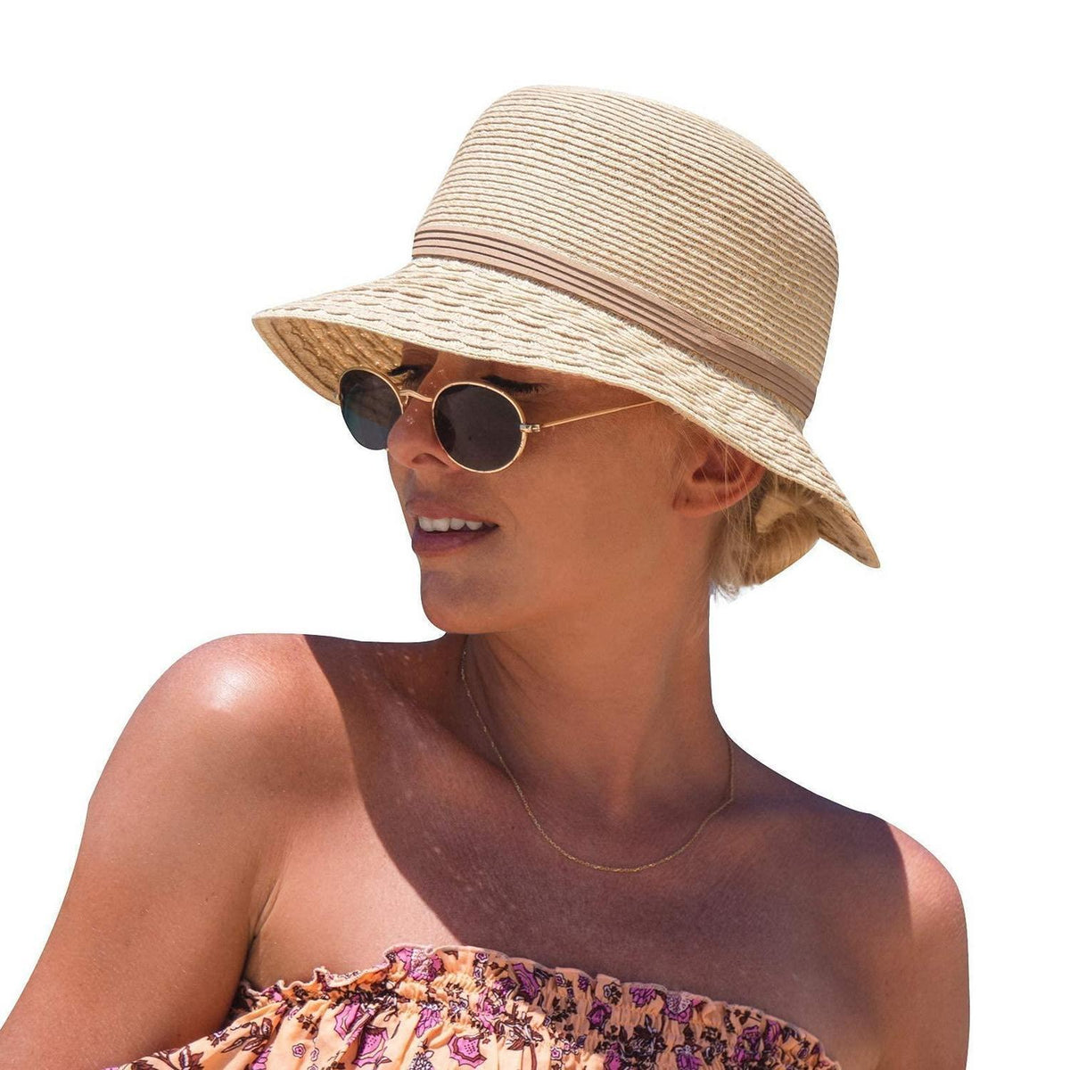 Damen Sonnenhut Faltbar Strohhut UV-Schutz Beige M