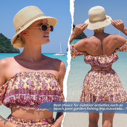 Damen Sonnenhut Faltbar Strohhut UV-Schutz Beige M