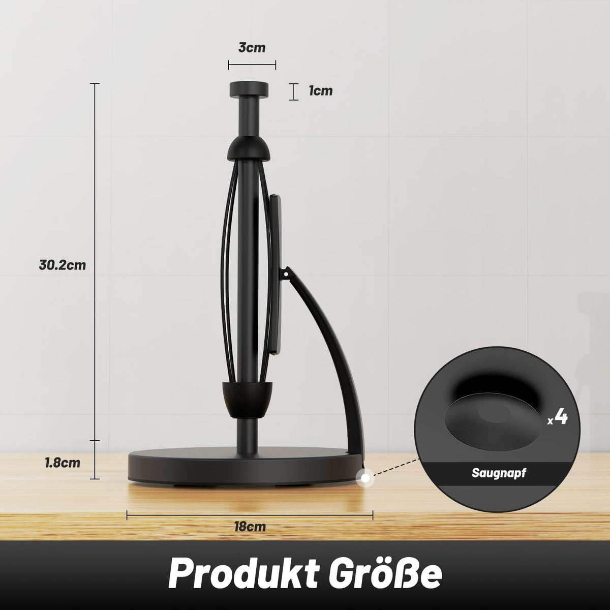 Küchenrollenhalter Schwarz Edelstahl mit Saugnapf & Spannarm