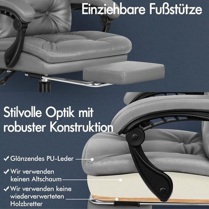Bürostuhl mit Doppellagigem Kissen, Computer-Schreibtischstuhl, 360° Drehbar, Neigbar, Hoher Rückenlehne, Grau PU-Leder