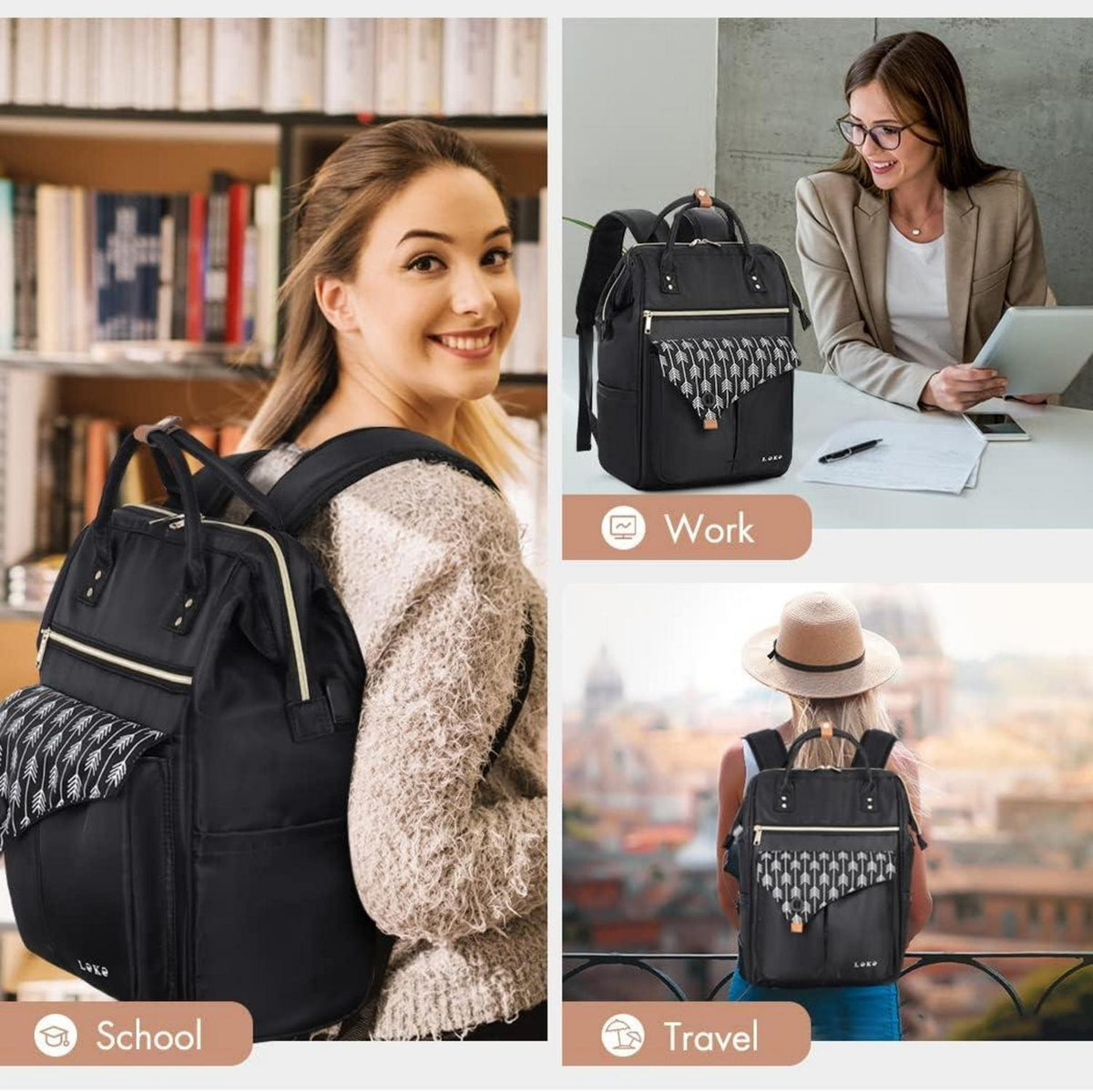 Lekesky Damen Rucksack Laptopfach Anti Diebstahl 15.6 Zoll Schwarz