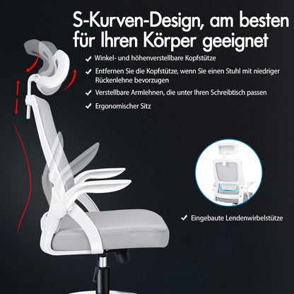 Ergonomischer Bürostuhl mit Lordosenstütze, neigbar, Armlehne, Weiß/Grau