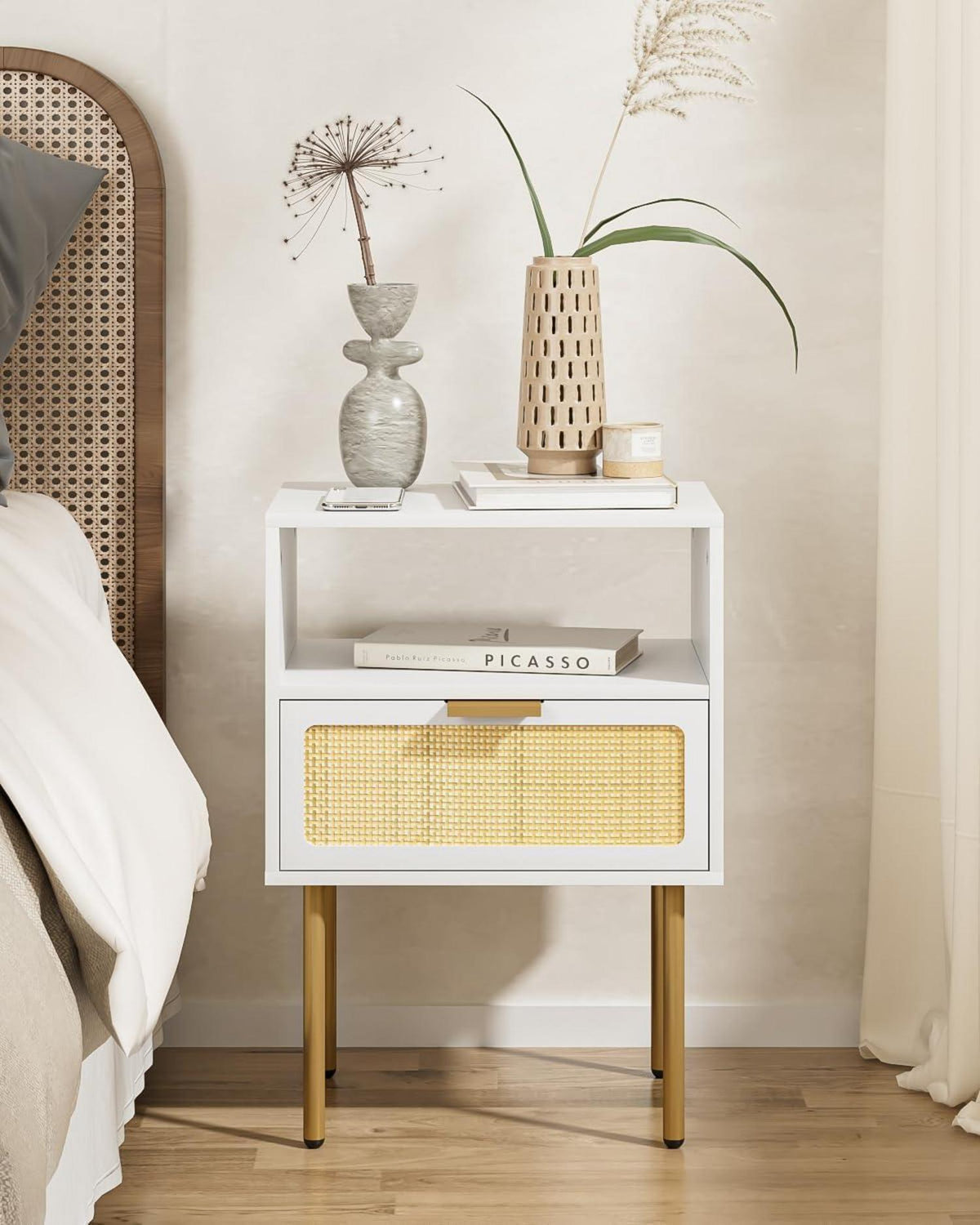 Modernes Rattan-Nachtkästchen mit Schublade, Weiß/Gold, für
