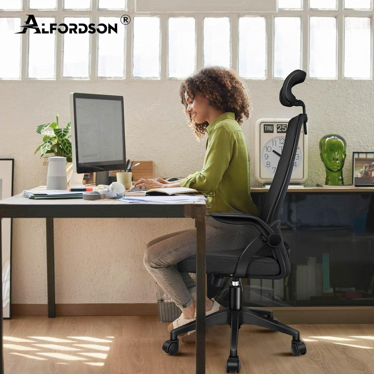 ALFORDSON Ergonomischer Bürostuhl Lordosenstütze Drehstuhl Schwarz