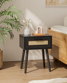 Rattan Nachttisch mit Schublade, Holzbeine, Natur Eiche