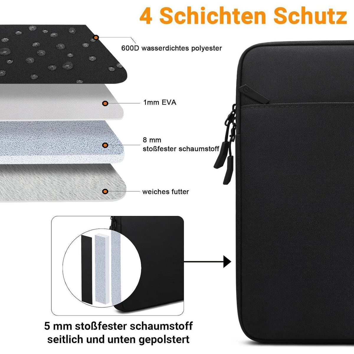 Notebooktasche 13,3-14 Zoll mit 4-Schicht-Schutz, Schwarz