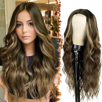 Lange Wellige Blond Highlight Perücke Mittelscheitel 66cm Braun Blond