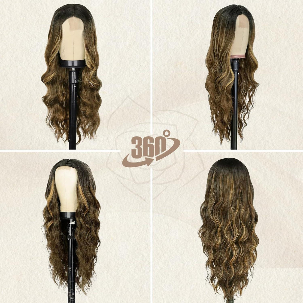 Lange Wellige Blond Highlight Perücke Mittelscheitel 66cm Braun Blond