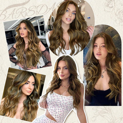 Lange Wellige Blond Highlight Perücke Mittelscheitel 66cm Braun Blond