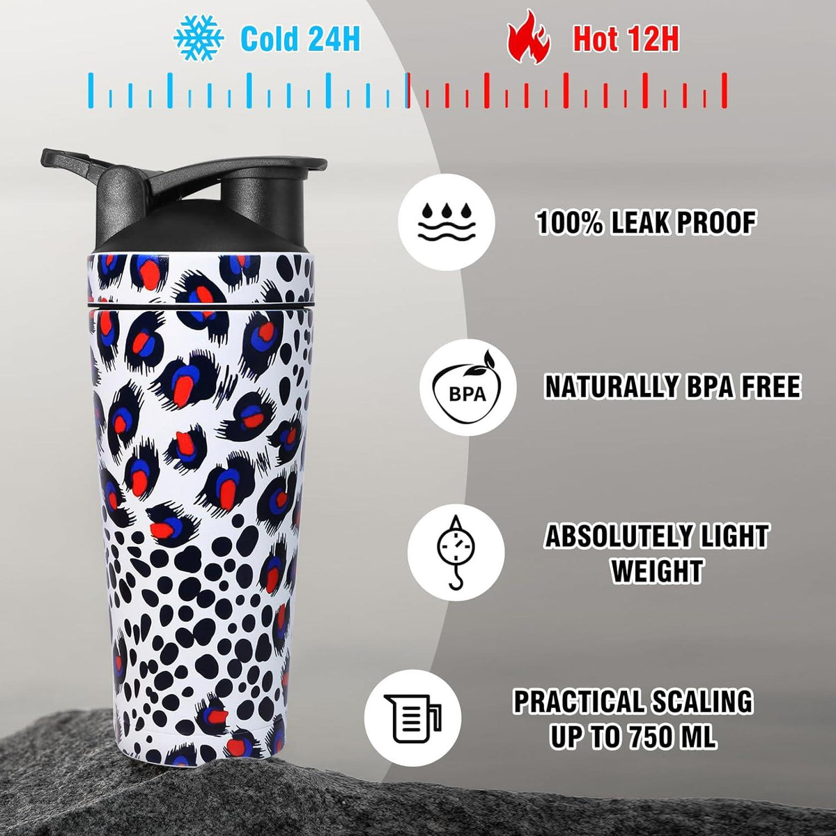 Protein Shaker Edelstahl 750ml mit Skala und Kugel