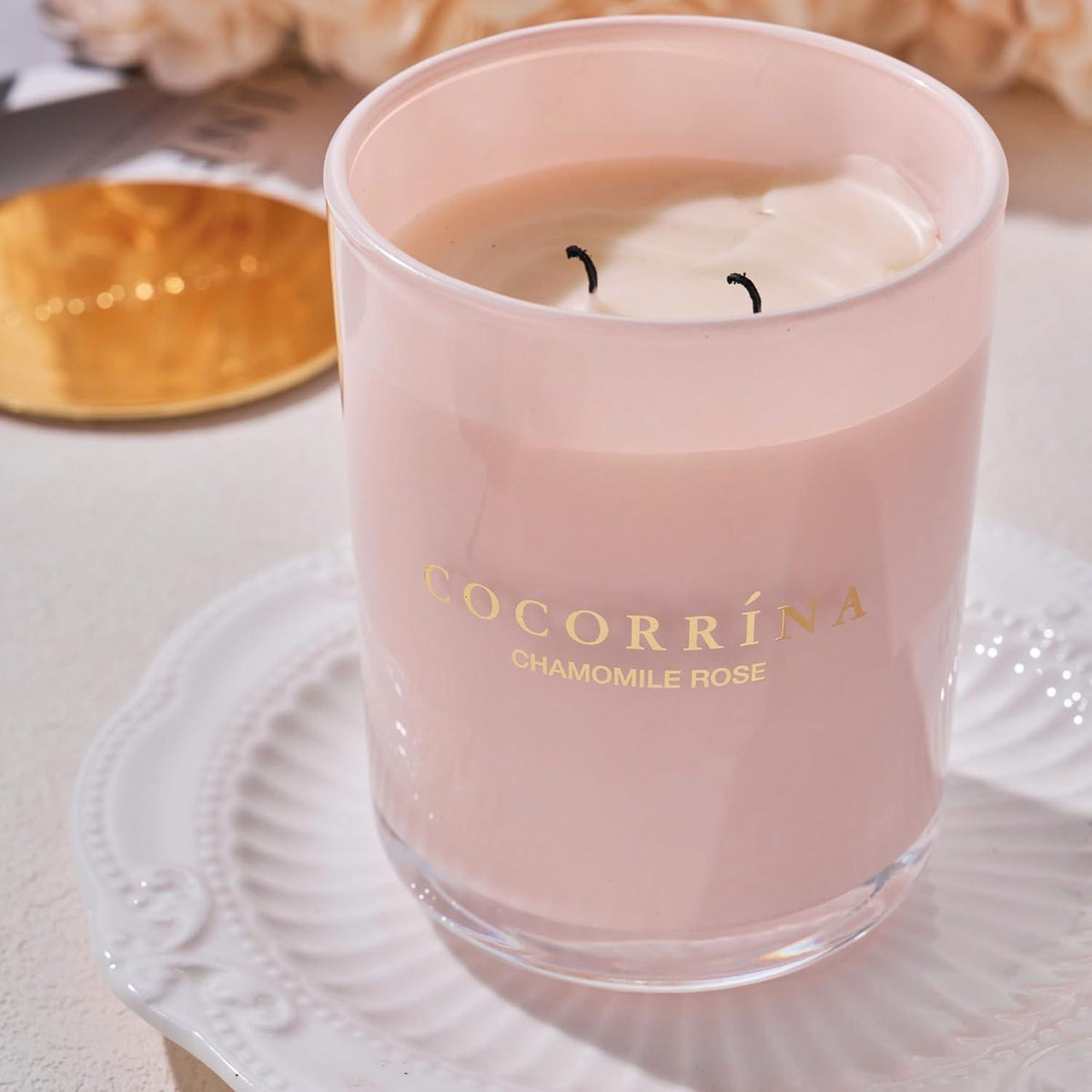 Duftkerze im Glas Kamille Rose 46h Brenndauer 2 Dochte Soja