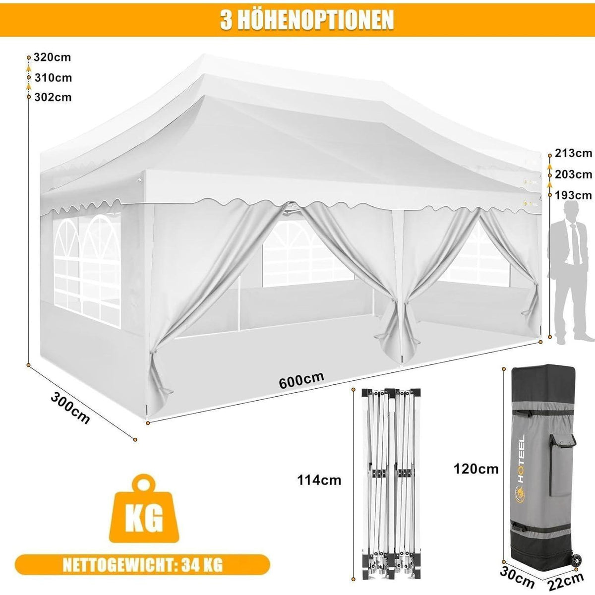 Faltpavillon 3x6m mit Seitenwänden – Wasserdicht & Stabil