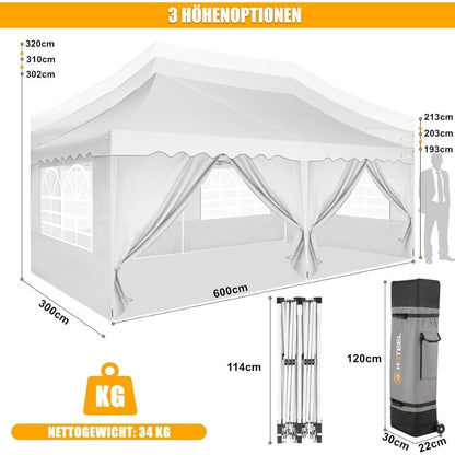 Faltpavillon 3x6m mit Seitenwänden – Wasserdicht & Stabil