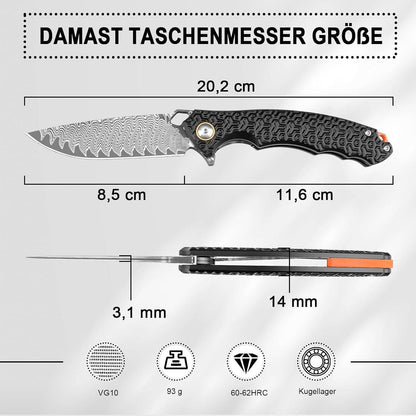 Damast Taschenmesser VG10 Stahl – Outdoor Klappmesser mit Aluminium Griff