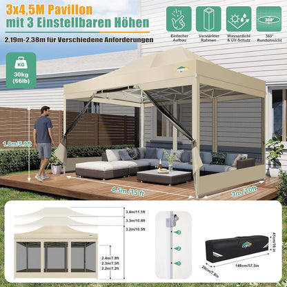 Faltpavillon 3x4,5m mit Moskitonetz & UV-Schutz – Gartenparty Zelt