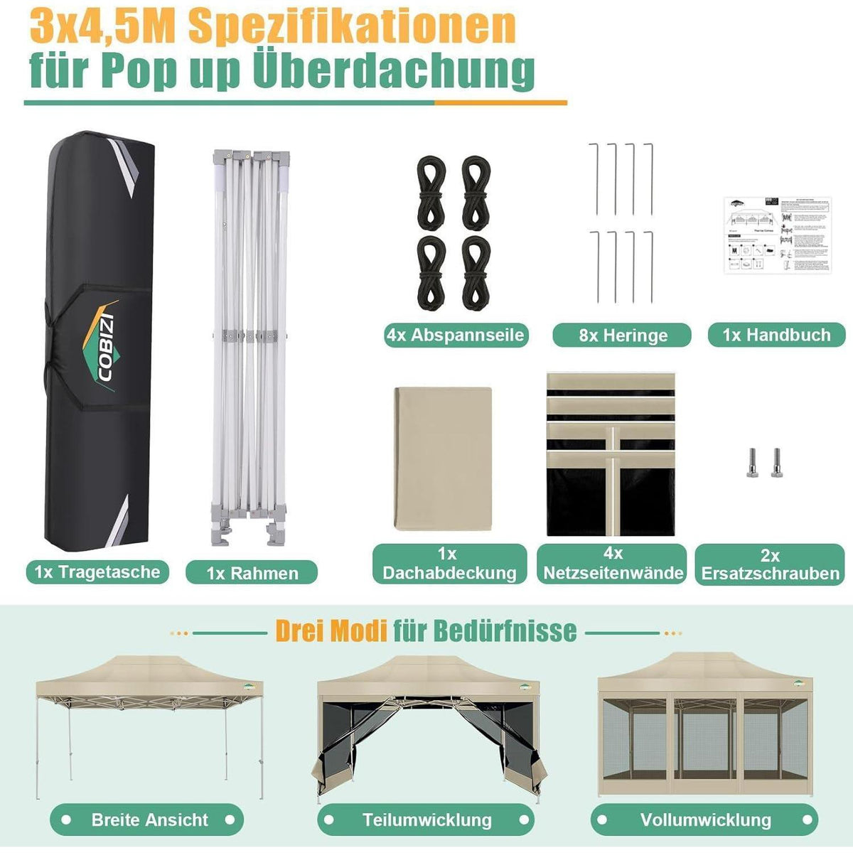 Faltpavillon 3x4,5m mit Moskitonetz & UV-Schutz – Gartenparty Zelt