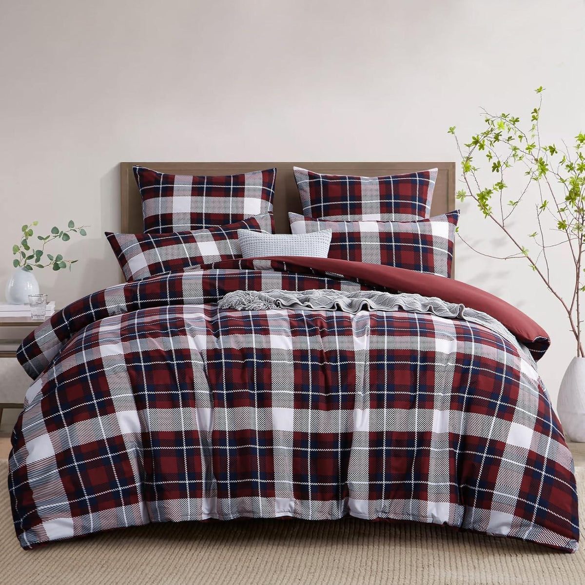Bettwäsche Set Tartan Muster Mikrofaser Reißverschluss 200x220 Rot