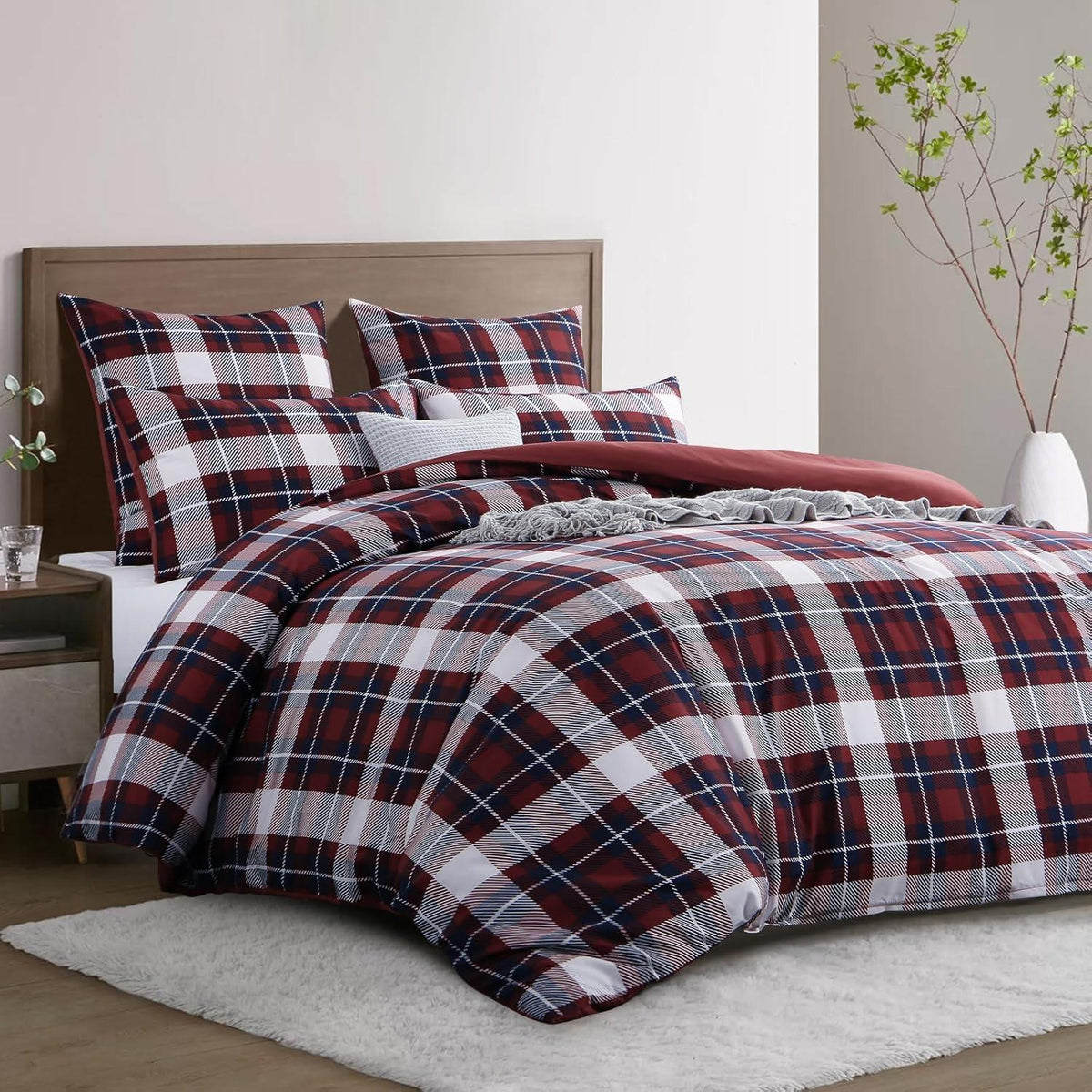 Moderne Bettwäsche Set 200x220 Rot Tartan Muster Mikrofaser