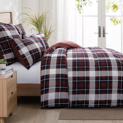 Bettwäsche Set Tartan Muster Mikrofaser Reißverschluss 200x220 Rot