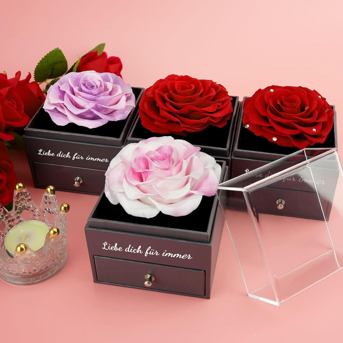 Ewige Rose Geschenkbox mit 925 Silber Halskette Ohrringe Set - Weiß Rosa