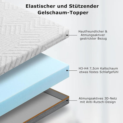Matratzentopper 160x200cm Gelschaum H3 H4 Bezug atmungsaktiv waschbar