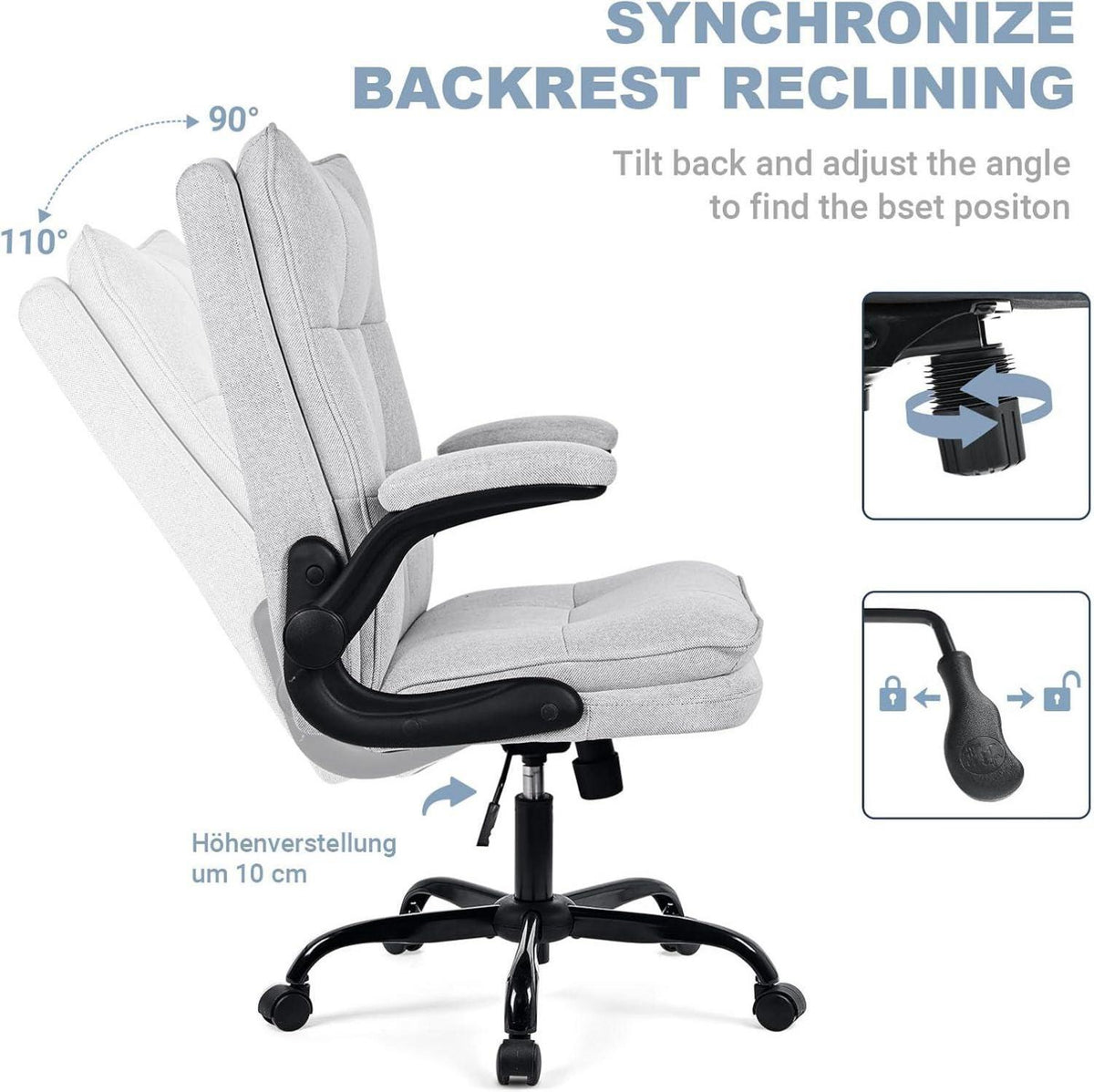 Ergonomischer Bürostuhl Stoff Armlehne drehbar Höhenverstellbar Grau