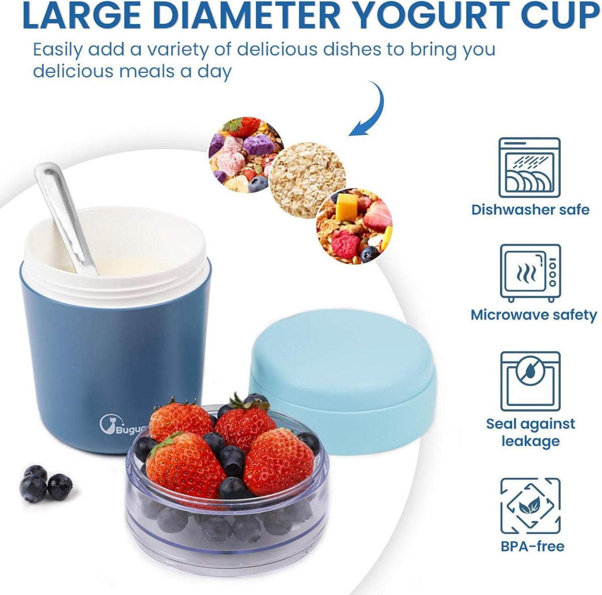 Bugucat Müslibecher to Go 2in1 Lunchpot blau 650ml mit Löffel