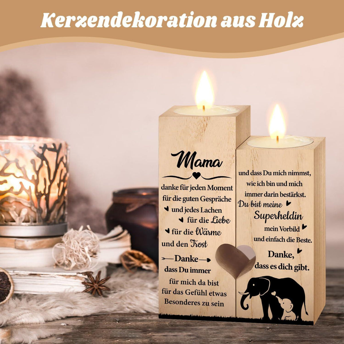 Personalisiertes Herz Kerzenhalter Set für Oma, Holz, Dankbarkeit