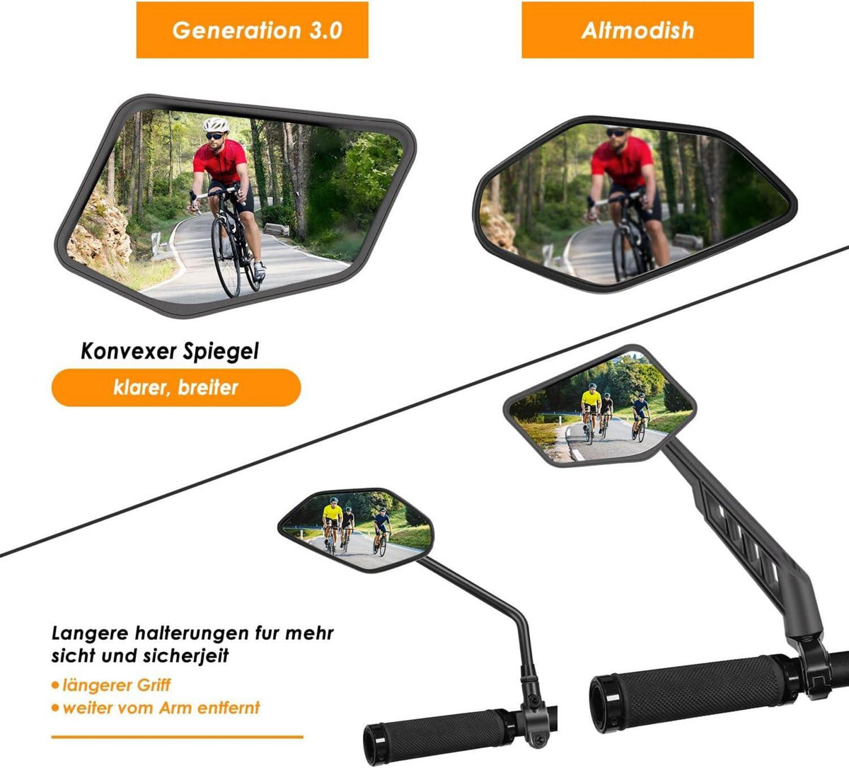 Arkham Fahrradspiegel Edelstahl HD Rückspiegel 360° verstellbar für Lenker Ebike 21-22,2mm