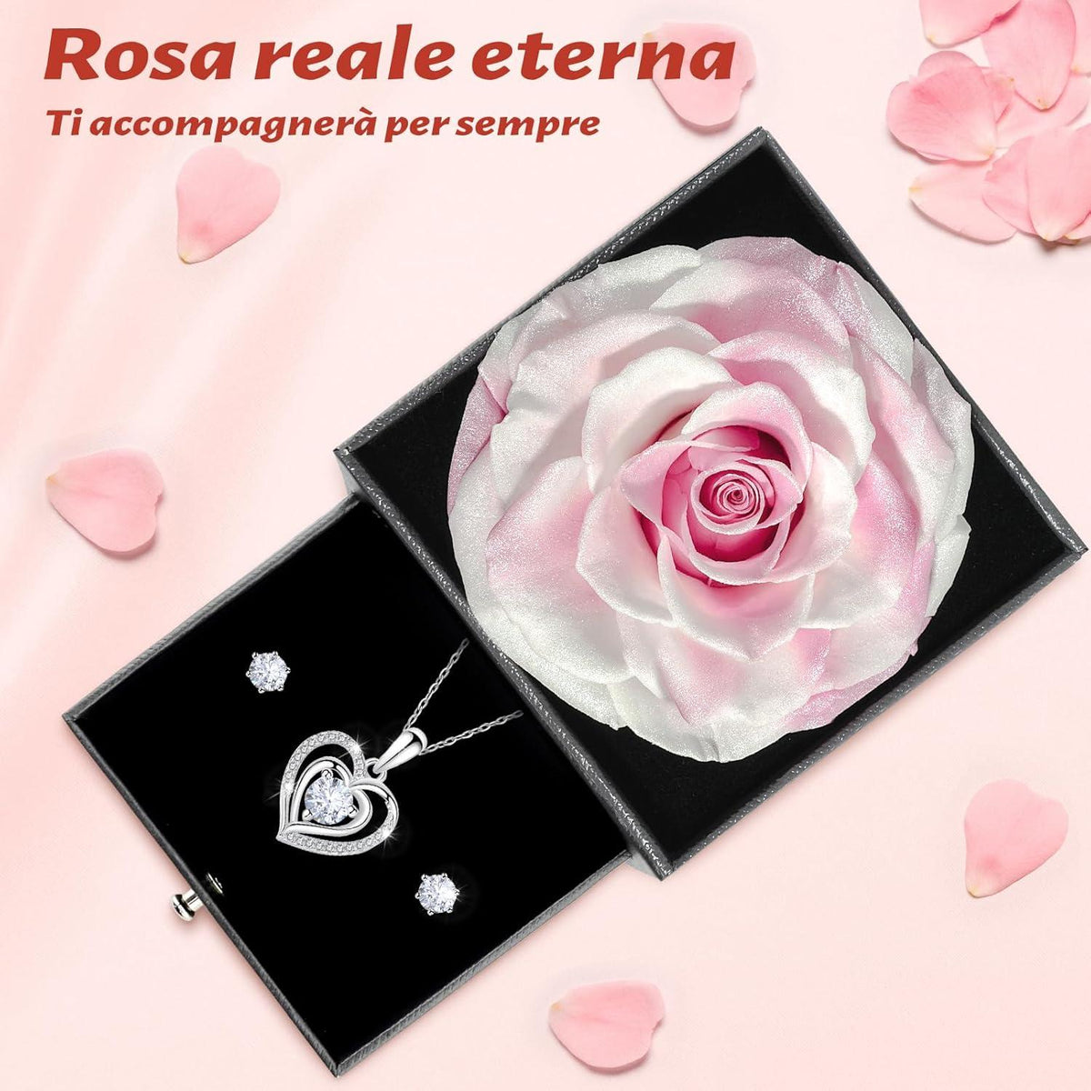 Ewige Konservierte Rosen Geschenkset mit Halskette und Ohrringen