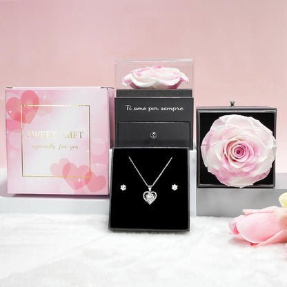 Ewige Konservierte Rose Geschenkset mit Halskette und Ohrringen