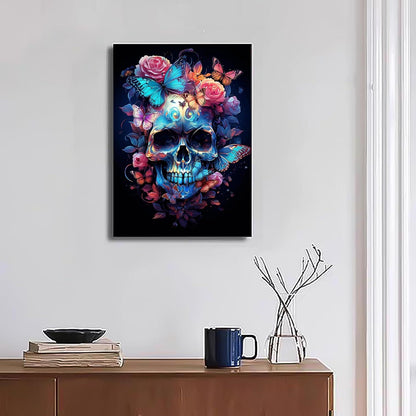 Bunte Blumen Totenkopf Leinwand Bild mit Rahmen 30x40cm
