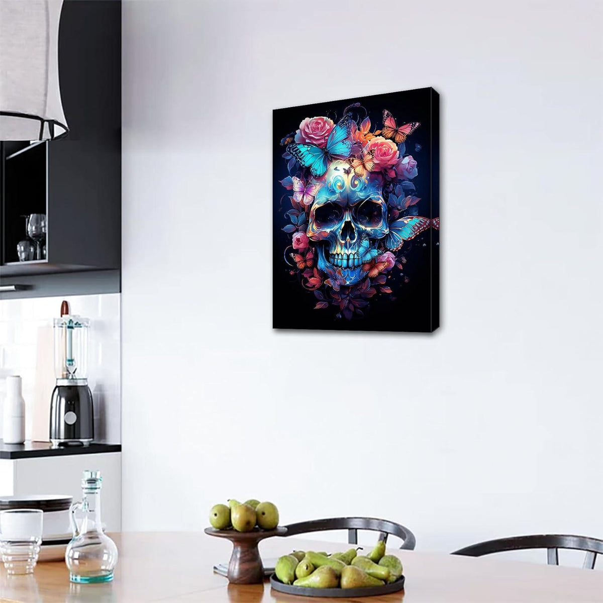 Bunte Blumen und Totenkopf Leinwandbilder mit Rahmen, Schmetterling und Skelett, Wandkunst 30x40cm
