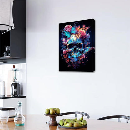 Bunte Blumen und Totenkopf Leinwandbilder mit Rahmen, Schmetterling und Skelett, Wandkunst 30x40cm
