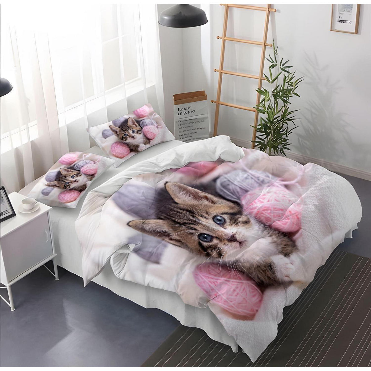Katzen Bettwäsche Set 135x200 cm – 3D Kinder Bettbezug mit Kissenbezügen