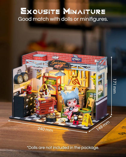 Rolife Holz Puppenhaus Miniatur Garage Werkstatt Bausatz LED Lichter DIY Handwerk Kit