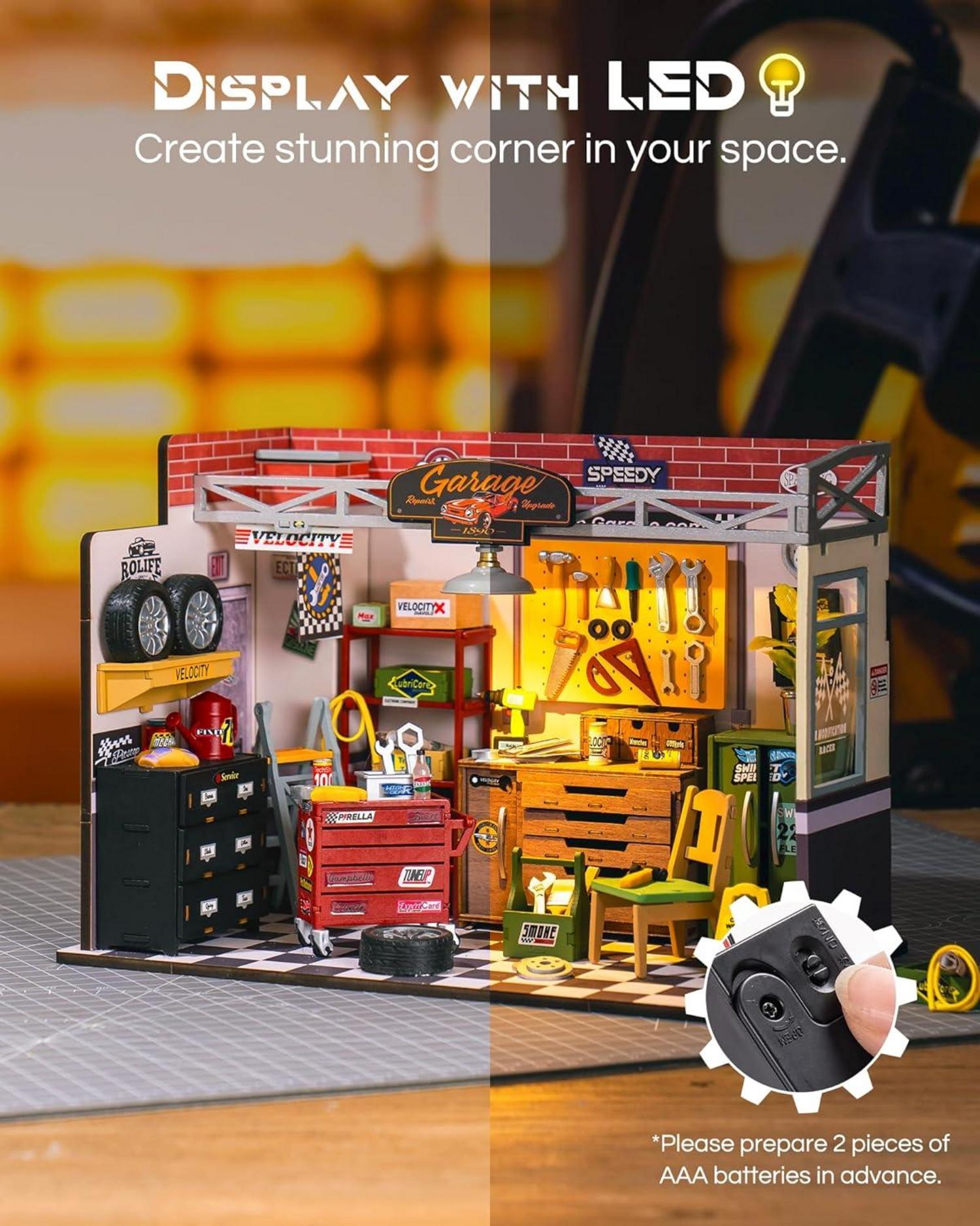 Rolife Holz Puppenhaus Garage Werkstatt DIY Kit LED Miniatur Bausatz