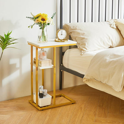 Beistelltisch Kaffeetisch C-Form Marmormuster Weiß Gold 40x26x61.5cm