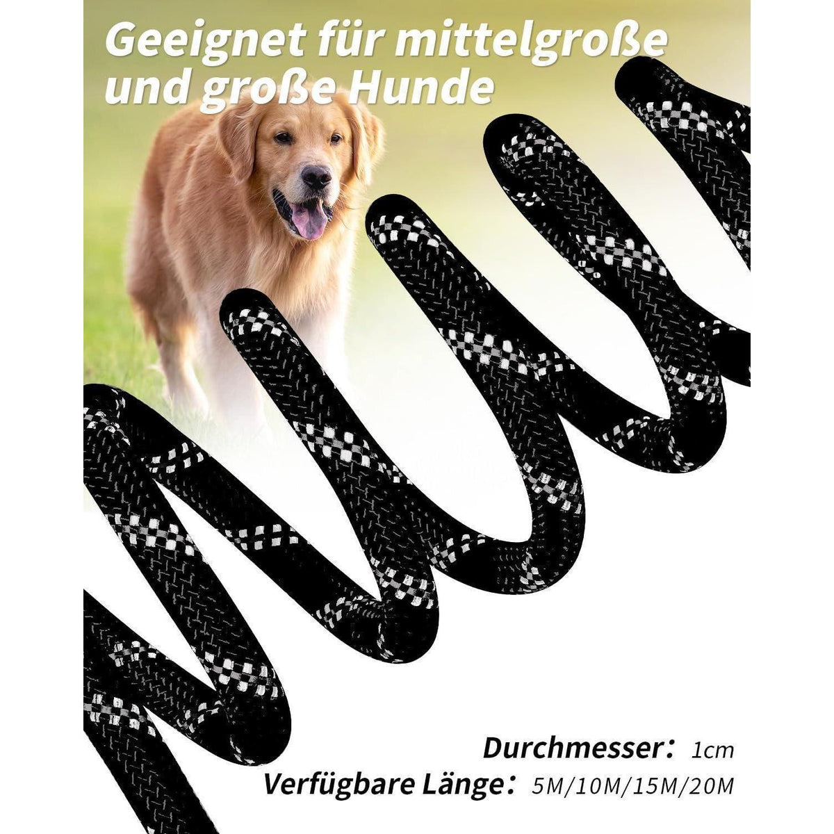 Schleppleine für Hunde, 15m Schwarz, Gepolsterter Griff, Reflektierend