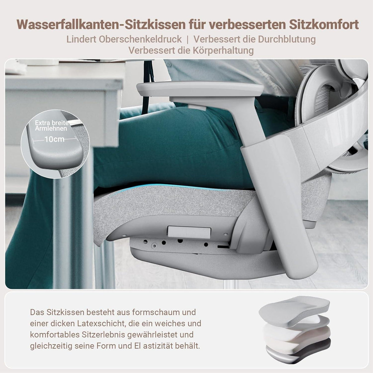 Bürostuhl dynamische Lordosenstütze 200KG, 4D-Armlehnen, EN 1335, ergonomisch, Grau