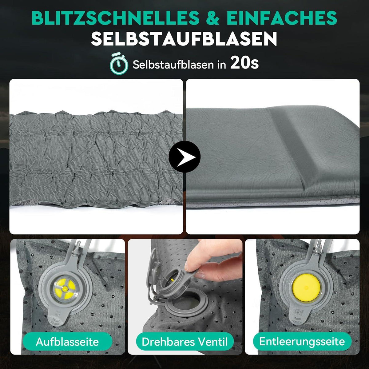 Selbstaufblasende Isomatte 8CM Camping Matratze Schaumstoff - Dunkelgrau