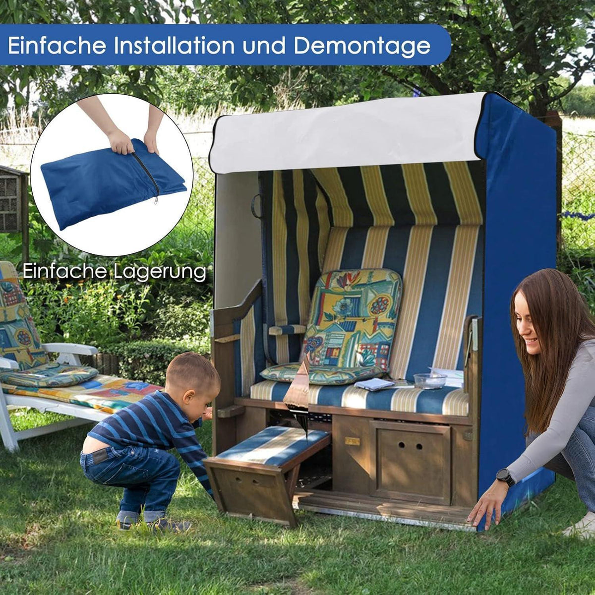 Winterfeste Strandkorb Hülle 420D Oxford Blau 135x105x175cm