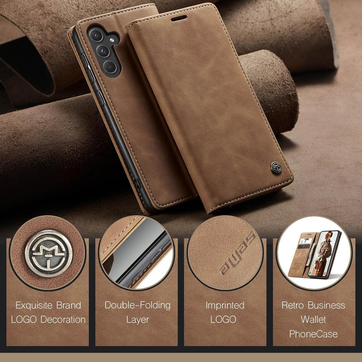 Samsung Galaxy A55 5G Handyhülle Premium Leder Klapphülle Braun