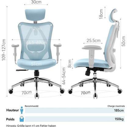 Ergonomischer Bürostuhl mit Kopfstütze und Lendenwirbelstütze, Hellblau