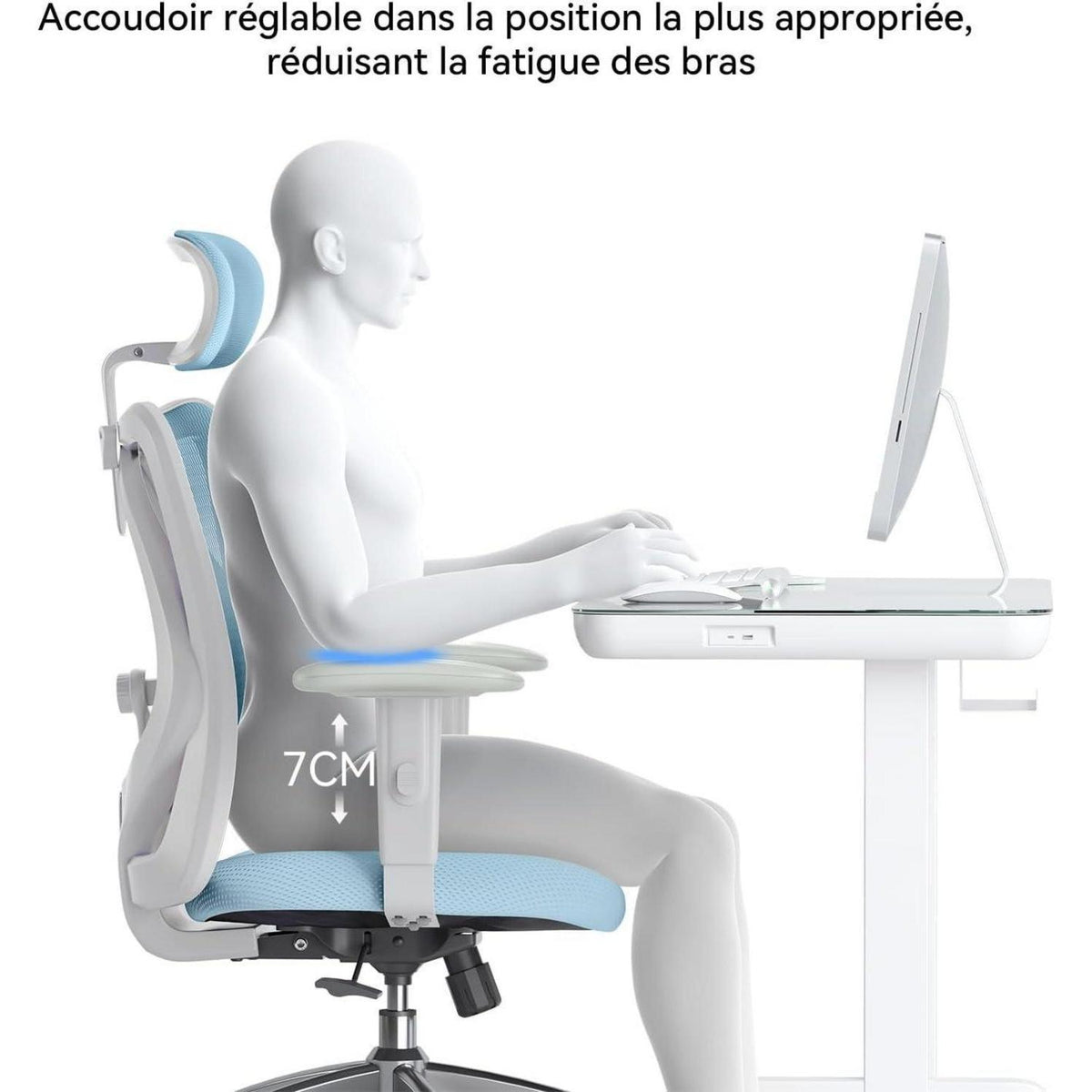 Ergonomischer Bürostuhl mit Kopfstütze und Lendenwirbelstütze, Hellblau
